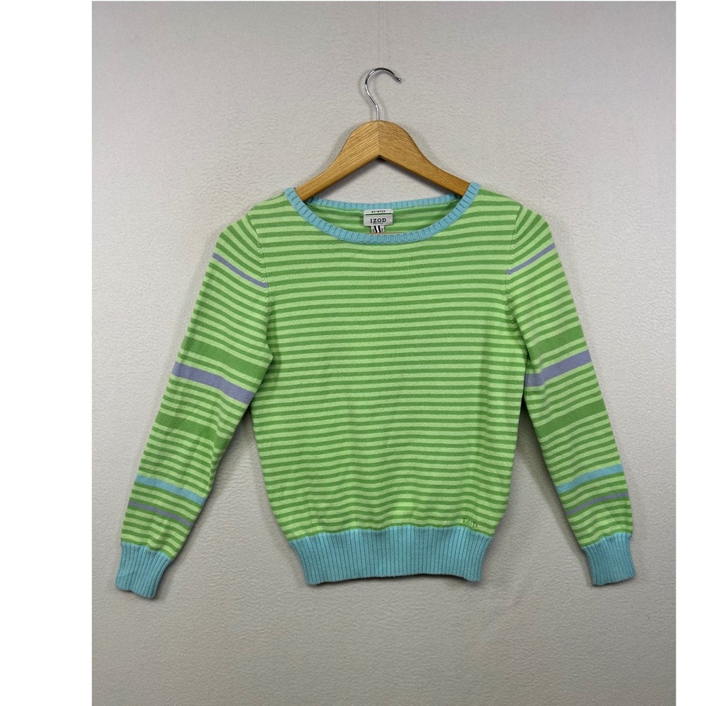 IZOD Preppy Y2K Women PS Green Blue Striped Stretch Crew Neck Sweater
